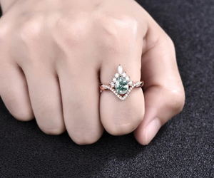 Women's Unique Natural <b>Moss</b> <b>Agate</b> Bridal <b>Ring</b> Rose Gold Plated Pear Cut Moissanite for Weddings <b>Engagements</b> Valentine's Day - Product Image 4