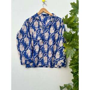 Women's Blue Animal Print Cotton Pajama Set Long Sleeve Turn-<b>Down</b> Collar Drawstring <b>Pants</b> Soft Woven Casual Sleepwear - Product Image 2