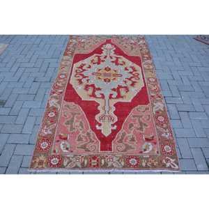 Vintage Turkish Large Area <b>Rug</b> Classic Red Beige 4x7.2ft Wool Latex Backing <b>Abstract</b> Pattern for Teen's Hallway Model Room <b>Rug</b> - Product Image 1