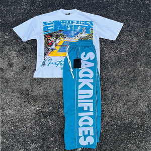 Chándal DTG personalizado de 2 piezas para hombre, chándal de verano con serigrafía, camiseta de manga corta cuadrada recortada, conjunto de pantalones de nailon - Product Image 2