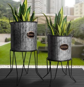 Hot Sale Galvanized Metallic Gray <b>Plant</b> Stand with Corrugated Design and Metal <b>Frame</b> Set of 2 - Product Image 2
