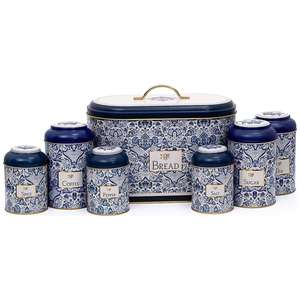 Juego de cocina de caja de lata redonda de 7 piezas, tapa de cúpula, diseño de Azulejo inspirado en azul y blanco decorativo - Product Image 1