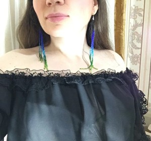 Bead <b>Earrings</b>, Black Blue <b>Green</b> Long <b>Earrings</b>, extra Long <b>Earrings</b> - Product Image 2