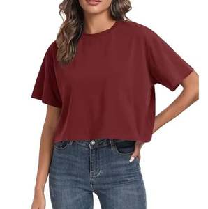 T-shirts courts d'entraînement surdimensionnés pour femmes col rond manches courtes décontracté ample été culture t-shirt hauts coton - Product Image 4