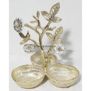 Wholesale Bulk Selling Stylish Look <b>Heavy</b> <b>Duty</b> Metal 3 Compartment Gold Plated Round Shape Bowl With Flowers And Leaves Design - Product Image 1