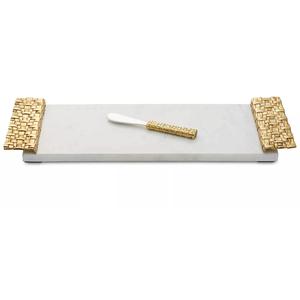 Plateau de service Métal doré avec marbre blanc Design haut de gamme Ustensiles de cuisine à la mode Plateau de service durable - Product Image 3