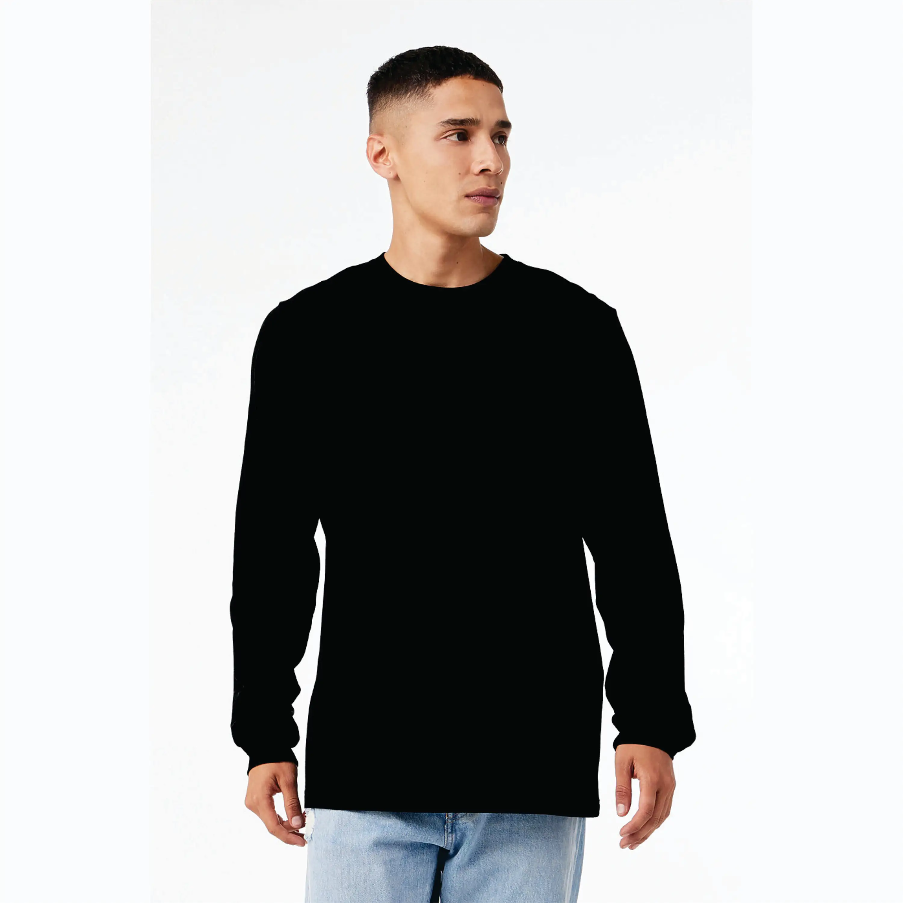 100% Airlume Combed and Ring Spun Cotton 32 Single 4.2 oz Black Classic Crew Neck Unisex Jersey Long Sleeves T-Shirt