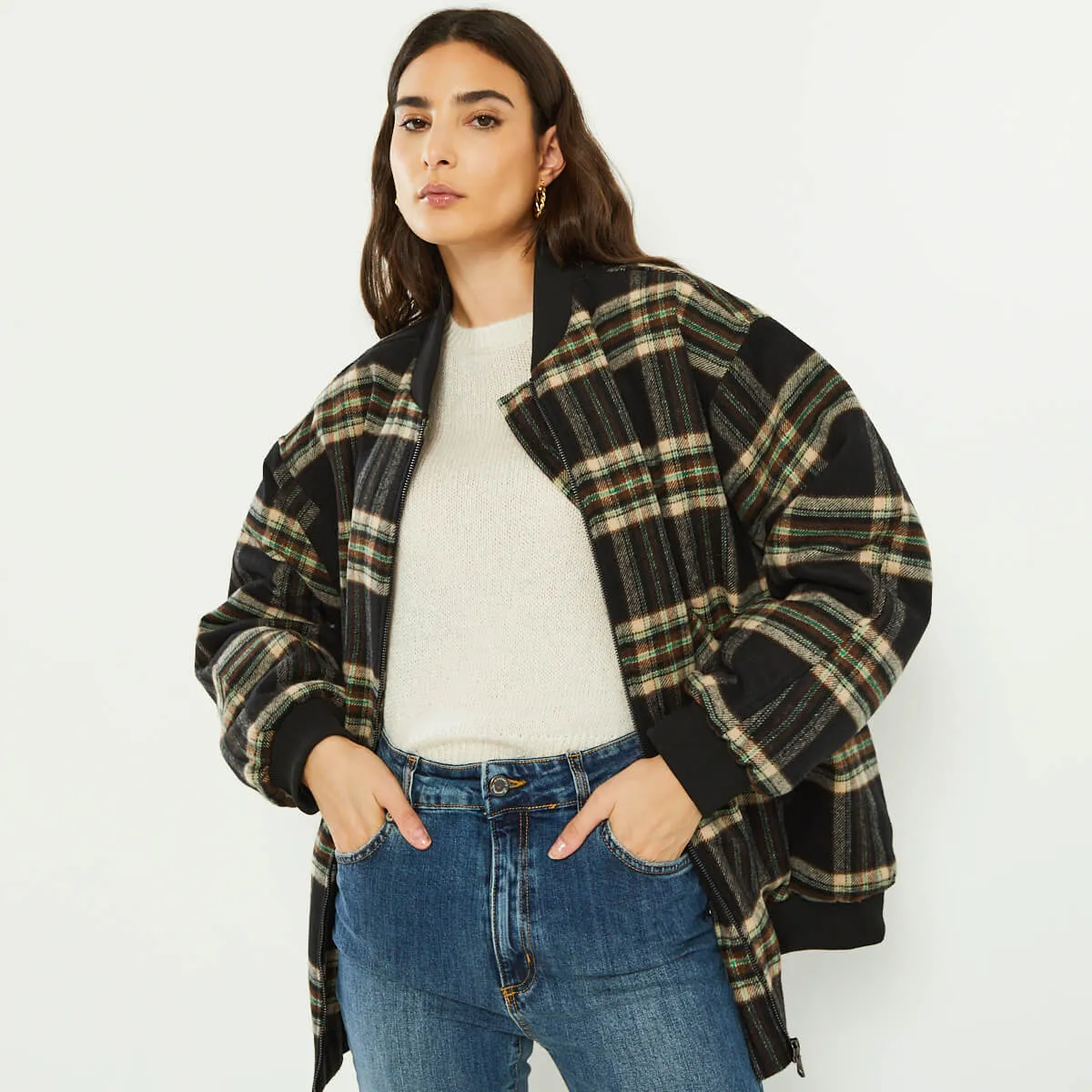 Plaid bomber jacket in wool blend padded model oversized fit with pockets fall winter 2022 high quality