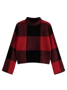 Venta directa de fábrica de las mujeres de manga larga de cuello alto Plaid Crop Sweater Pullover - Product Image 2
