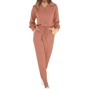 Conjunto informal de 2 piezas de algodón 100% para mujer, pantalón largo y cuello con cremallera, chándal de estilo informal para chándales de invierno - Product Image 1