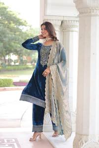 Ensemble pantalon et salwar en velours traditionnel pour femmes avec dupatta brodé, séchage rapide, tenue de fête, costume ethnique festif - Product Image 3