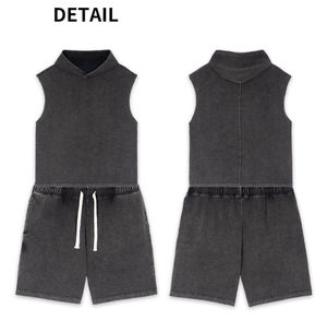 OEM personalizado de los hombres de rizo 100% de algodón casual lavado vintage con capucha de dos piezas conjunto de pantalones cortos de verano con capucha conjuntos de secado rápido - Product Image 4