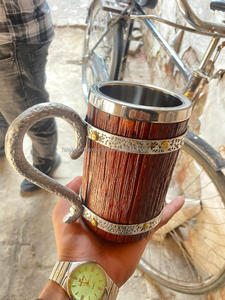 Falak World Export Vintage Allemagne Verres à bière Baril en bois Double paroi Doublure en acier inoxydable Viking Chope à bière avec poignée - Product Image 2