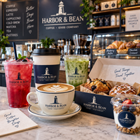 Ensemble d'emballages personnalisés pour café AT PACK avec gobelets en papier de 12 oz, gobelets en PET de 16 oz, sachets de café de 250 g et boîtes alimentaires