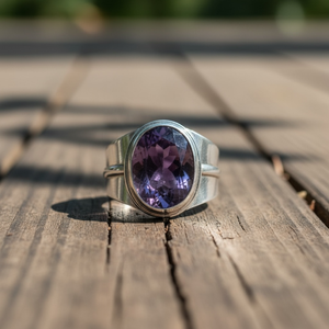 Bague en argent sterling avec améthyste naturelle, faite à la main, moderne, ovale, pour femmes, bijoux de naissance de février - Product Image 5