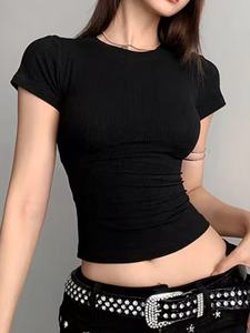 Camiseta sin mangas para mujer al por mayor con logo personalizado, top corto de seda/algodón de manga corta con cuello en V y estilo único - Product Image 4