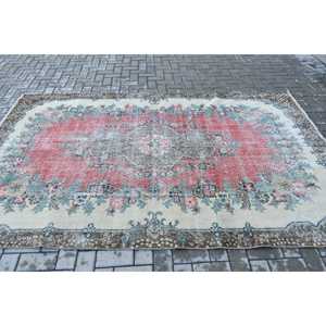 Turkish Vintage Large Rug 5.7x9.1 ft, <b>Red</b> Blue Check <b>Wool</b> Rug - Product Image 3