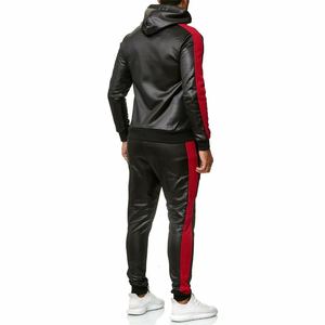 PU Leather Tracksuit 2 Piece Set For Men Windproof Breathable Slim Fit Zipper Jacket And <b>Trouser</b> Wholesale - Product Image 4