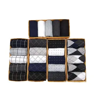 Custom Socks Men's Gift Box Winter 5 Pairs Solid Color 100% Cotton Socks Business Casual Crew Socks Men