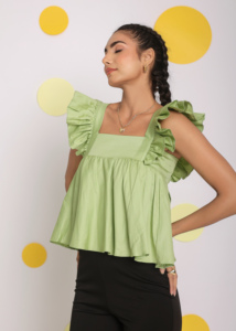 Nouvelles collections personnalisé coton élégant Sexy haut naturel solide vert menthe buste ajusté volant manches haut disponible grande taille - Product Image 3