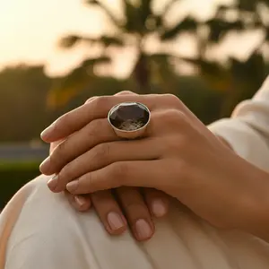 925 <b>Silver</b> Boho Style Smoky Quartz Oval <b>Ring</b> Handmade <b>Statement</b> Jewelry with Topaz Platinum Pear Cut Diamond Rhodium Plated - Product Image 3