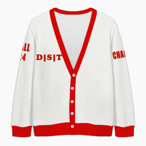 DST Sorority Winter Front Cardigan Premium Knit Wool/Acrílico Suéter rojo y blanco para mujeres Custom OEM Wholesale Ropa griega - Product Image 5