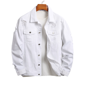 Chaqueta de Mezclilla Premium Japonesa Blanca con Cuello Alto y Diseño Desgastado para Hombre, Ropa de Abrigo Unisex para Otoño al por Mayor - Product Image 1