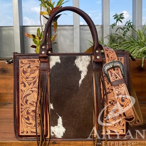 Bolsos de mano de cuero para mujer, bolso cruzado de hombro de piel de vaca con pelo occidental para mujer, monedero Floral personalizado de cuero genuino - Product Image 1