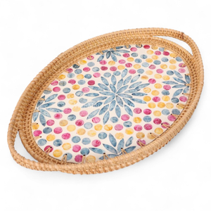 Plateau de service en rotin naturel fait à la main avec nacre pour restaurant, service à domicile, restauration et traiteur - Product Image 3