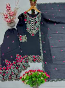 Designer Embroidery Sequence Work And Cut Work Roman <b>Silk</b> Top With Plazzo Bottom And Dupatta Fully Stitched Ready To Wear Set - Product Image 6