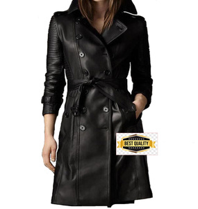 Best Quality Wholesale Price Ladies <b>3</b>/4 Midnight Black Leather Coat for <b>Women</b> with Hoodie Genuine Leather Long Coat Customize - Product Image 3