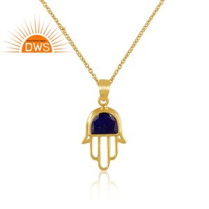 Última Tendencia Plata Esterlina Chapado en Oro Lapislázuli Piedra Preciosa Hamsa Diseño Colgante Collar Demi Joyería Fina Fabricante - Product Image 2