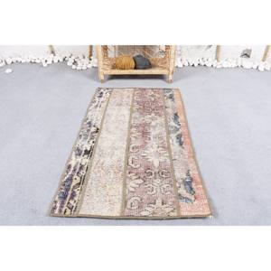 Alfombra de lana a rayas beige vintage de 1,8x3,1 pies para sala de estar, entrada o pasillo, patrón abstracto, respaldo de látex para casas - Product Image 1