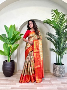 Indien Bollywood traditionnel exclusif Kanchipuram soie Saree élégant mariée fête de mariage porter doré Jari travail ethnique Blouse - Product Image 2