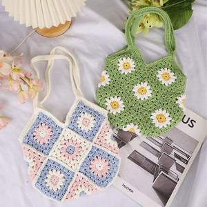 Crochet Wholesale Finished Handwoven Fashion Women's <b>Shoulder</b>/Crossbody Tote Bag Two <b>Straps</b> Zip Canvas Knitted Floral Pattern - Product Image 1