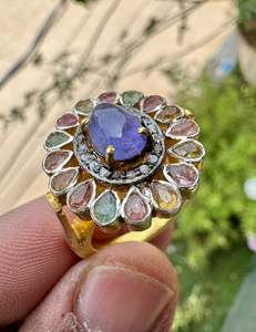 925 Sterling Silver <b>Fine</b> <b>Ring</b> with Natural Diamond Tanzanite Tourmaline Gemstones Classic Gold Plating Bezel Setting for Wedding - Product Image 3