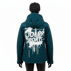 Chaqueta Softshell para Mujer, Tejido Elástico Color Verde Azulado con Paneles Frontales y de Manga Estampados, Logotipo Personalizado Termosellado - Product Image 2