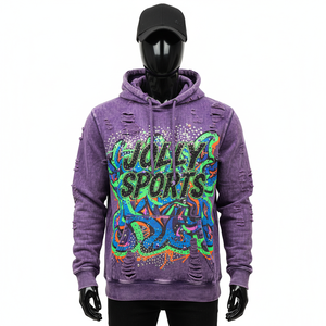 Premium cotton fleece hoodie in purple wash with distressed detailing vibrant screen print graphic and custom logo Basics Hoodie - Product Image 1