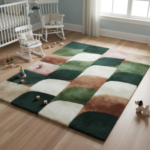 Hand-Tufted Geometric Wool Area Rug | <b>Green</b> Rust Wavy Checkerboard Pattern Modern Living Room <b>Carpet</b> High Quality - Product Image 3