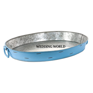 Blue Finished Galvanized <b>Tray</b> With Handles Premium Quality Handmade Serving Platter New Arrival Luxury Galvanized <b>Tray</b> - Product Image 1