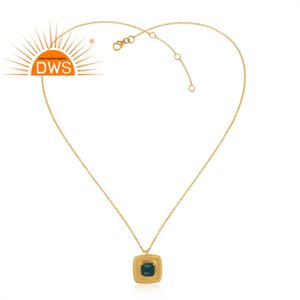 Collier pendentif en argent plaqué or à texture martelée, vente en gros, collier en pierre précieuse émeraude verte, bijoux - Product Image 4