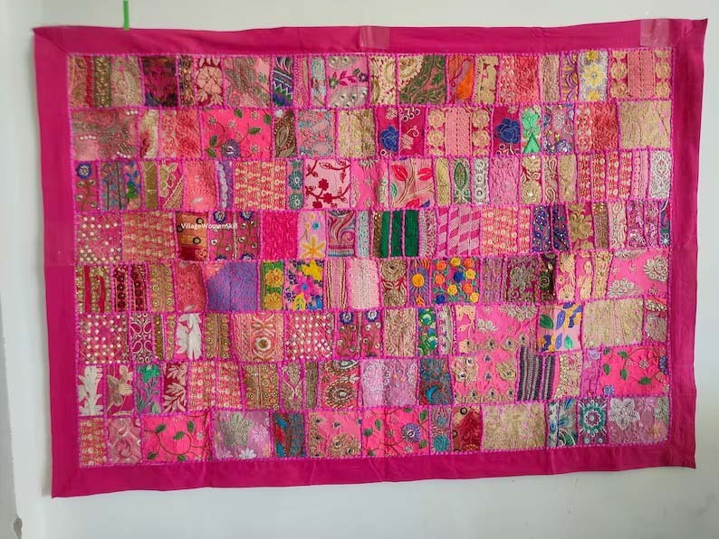 Handmade Indian Heavy Embroidered Wall Hanging Tapestry – Vintage Sari & Zari Work With Beads, 60 X 40 - Israel
