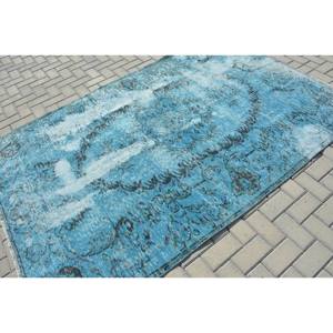 พรมตุรกีโบราณสีฟ้า5.4 x 8.1ft พรมขนสัตว์ทำด้วยมือสไตล์โบฮีเมียนพร้อมแผ่นรองยางสำหรับข้างเตียงทรงสี่เหลี่ยมเย็บปะติดปะต่อกัน - Product Image 2