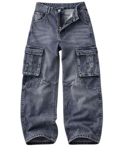 Pantalon cargo en jean gris foncé pour femme, coupe large, style streetwear, ample, multi-poches, vintage, délavé, tendance - Product Image 1