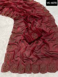 Indian Ethnic Wera Frandy Satin Space Silk with Katdana Handwork butta work all Over Cut work Border Saree with Hendwork Blouse - Product Image 3