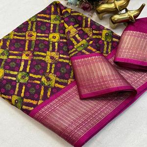 Hermoso Sari de Georgette Suave para Mujer Adulta, con Borde de Zari y Hermoso Diseño Bandhani - Product Image 1