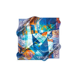 Blue <b>Silk</b> Crepe Satin Square <b>Scarf</b> with Pattern - Product Image 1