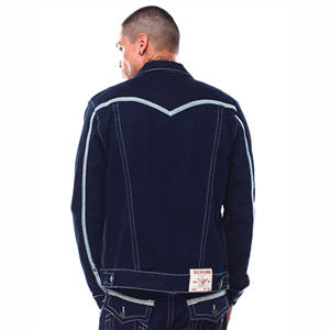 AeeDenim Diseñadores personalizados Chaqueta de hombre Azul oscuro Lavado Rasgado Flatlock y Contraste Stitch Vintage Chaqueta de mezclilla para hombres - Product Image 2