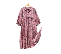 Robe midi rose 100 % coton tissé patchwork à motifs floraux, manches longues, col rond, fermeture à cordon, douce, respirante, écologique, automne