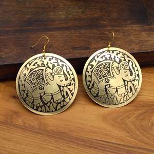 Wholesale Indian Handcrafted Brass Elephant <b>Disc</b> Earrings | Antique <b>Gold</b> Tone Engraved Round Dangle Ethnic Fashion Jewelry - Product Image 1